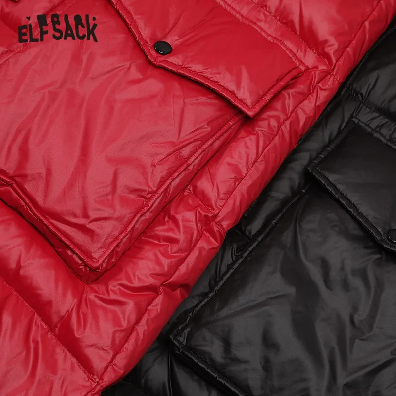 ELFSACK, черный однотонный сатиновый прямой теплый длинный пуховик с капюшоном для женщин, зима, красный принт с буквами, корейский стиль, женская верхняя одежда