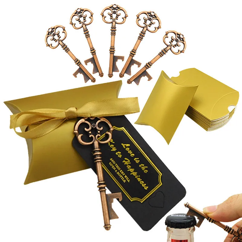 

50pcs Metal Key Beer Bottle Opener Wine Ring Keychain Wedding Party Favors Vintage Candy Box Antique Gifts for Guests