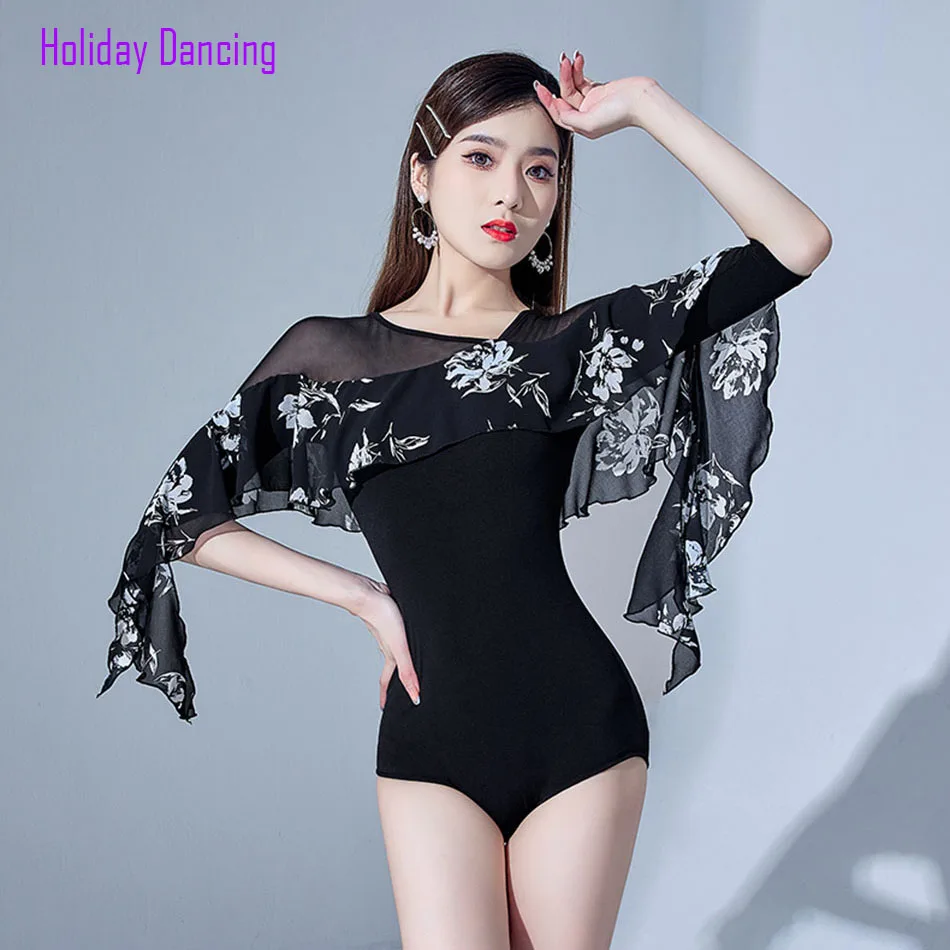 2021 New L21326 Female Latin Dance Bodysuit Lotus Sleeve Floral Design
