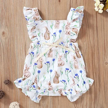 

Easter Cute Rabbit and Flowers Print Flutter Sleeve Neborn Girl Romper Infant Toddler Baby Girl Romper Summer Baby Girl Clothing