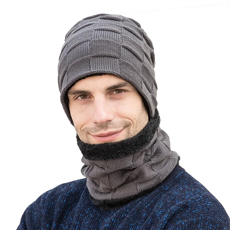 grey3 Комплект из 2 предметов, повседневная шапка+ шарф, модный мужской комплект, новинка, зимние теплые вязаные плотные шапки с черепом и мягкие плюшевые шерстяные шарфы - Цвет: grey3