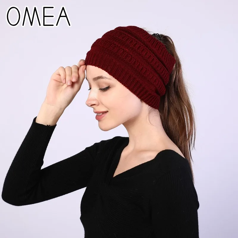 OMEA трикотажные повязки, Женский хвостик, шапка бини, однотонный пуловер, шапка Skullies, повязки для волос для женщин, вязаная повязка на голову