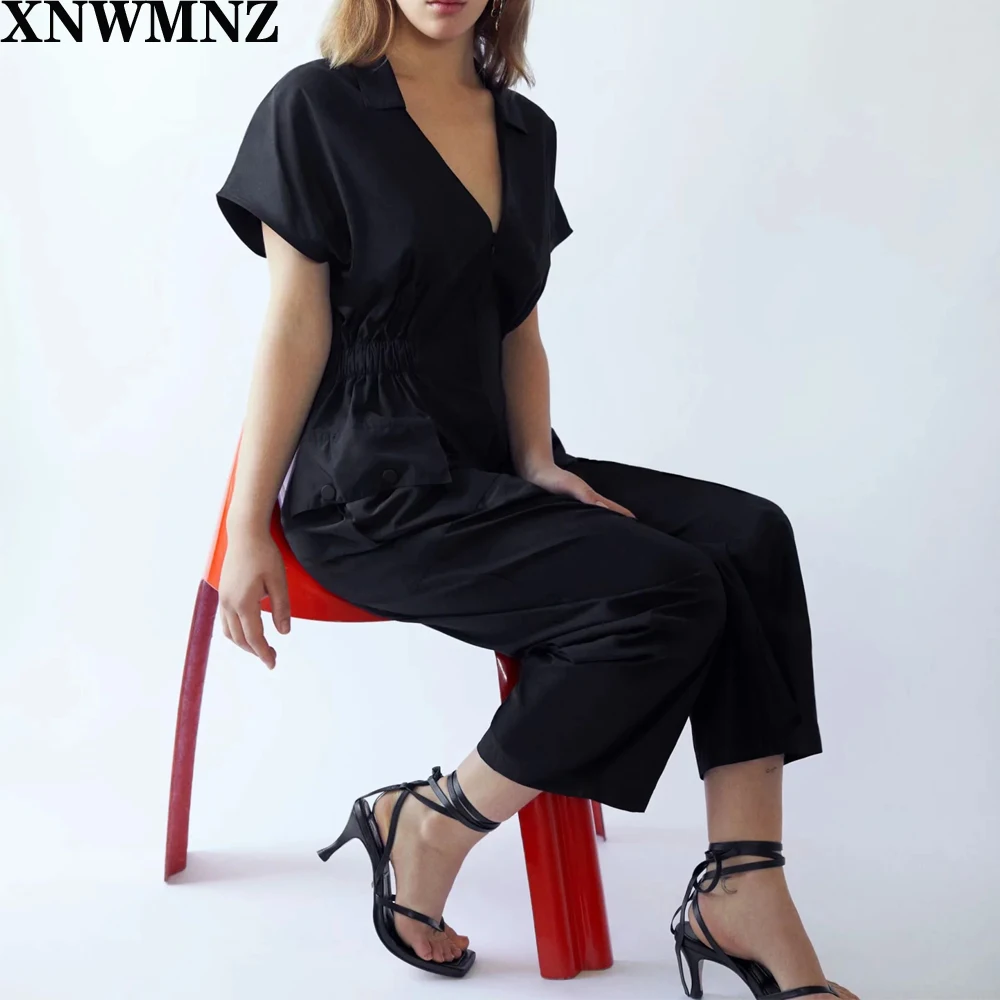 

women fashion pocket patch siamese rompers safari style ladies elastic waist jumpsuits casual High Street Overall trousers za