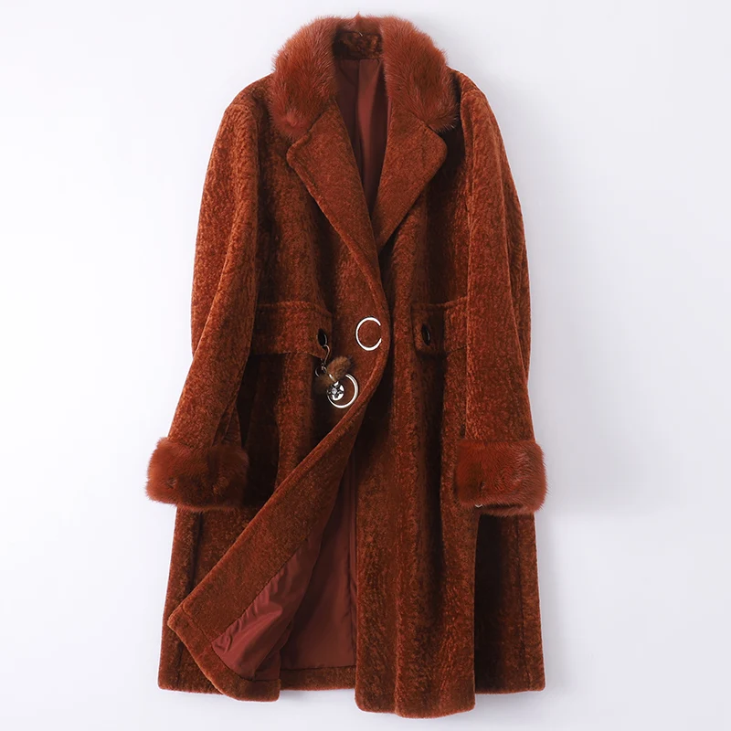 Настоящее меховое пальто из норки меховой воротник шерстяная куртка осень зима пальто женская одежда корейская винтажная овечья шерсть Женские топы ZT3728 - Цвет: Dark Brown