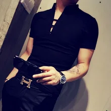 Летняя мужская Корейская простая однотонная тонкая рубашка с v-образным вырезом и галстуком, Мужская рубашка поло с коротким рукавом, 95% хлопок