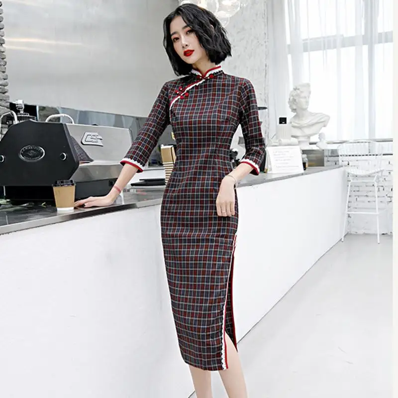 Винтажные пуговицы высокий разрез пикантное Cheongsam Qipao Большие размеры женские Vestidso воротник Мандарин полурукав вечернее Вечерние платья - Цвет: Purple