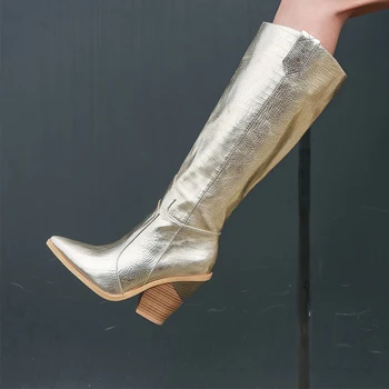 

Women Knee-high boots plus size 22-28cm long boots women winter boots Super high heel Metallic gold and silver ladies boots
