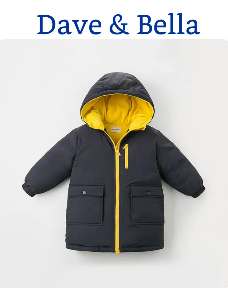 DBK11261 dave bella/Детский пуховик для мальчиков детская верхняя одежда на утином пуху 90% года Модное темно-синее пальто на молнии с капюшоном