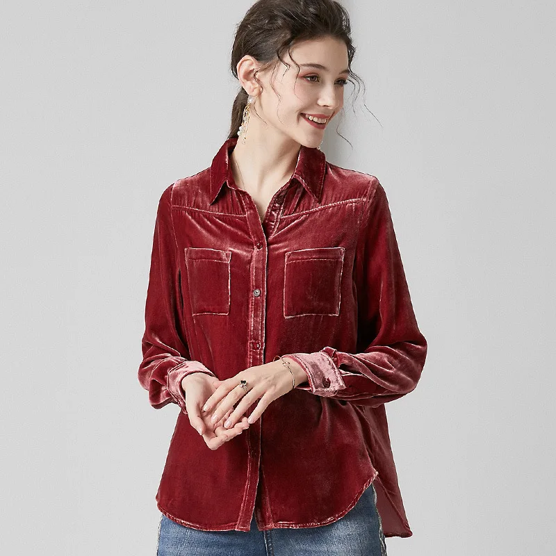see chart Синяя бархатная шелковая блузка для женщин высокого качества с длинным рукавом размера плюс, Сексуальная Повседневная офисная одежда, рубашки, одежда, Прямая поставка - Цвет: see chart