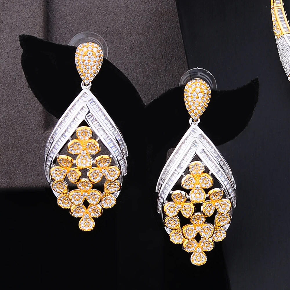GODKI 3 Colors Gorgeous Luxury 4PCS Clear Bangle Ring Necklace Dangle Earring Jewelry Set for Women Bridal Wedding Jewelry Sets