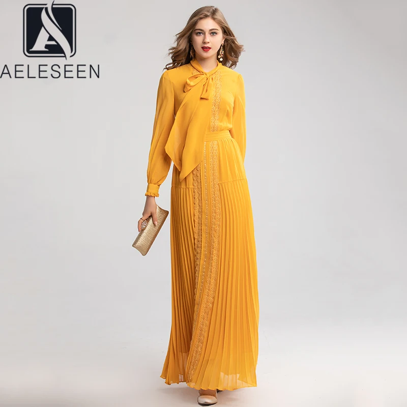 

AELESEEN 2020 New High Quality European Maxi Party Dresses Women Retro Design Luxury Lace Bow Collar Classical Pleated Dress
