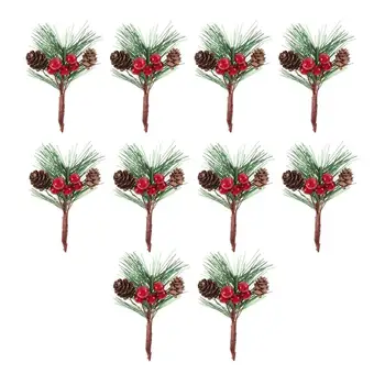 

10Pcs Mini Simulation Christmas Pine Picks Stems Artificial Creative Pine Needle Berry Plant For Xmas Party Home Decor