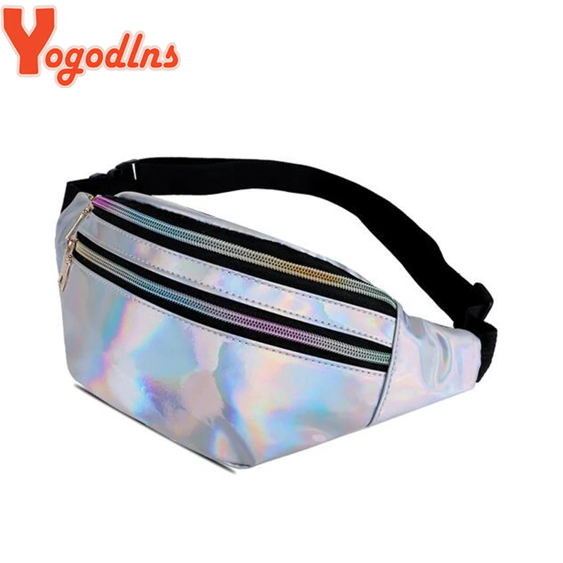 Yogodlns Fashion Glossy Laser Pack with Adjustable Strap Women Sports Crossbody Bag Double Zipper Bag Purse for Girl