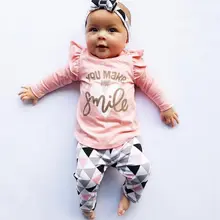 You make me smile гофрированная футболка с длинным рукавом топ и брюки с повязкой на голову комплект для маленьких девочек одежда