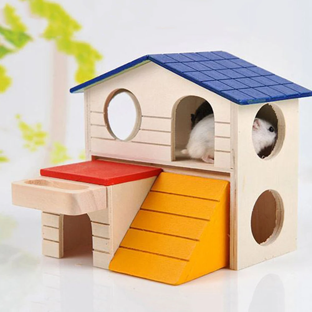 Small Animal Climbing Cabin Hedgehog Pet Wood Double Layer Foldable Luxury Cage House Viewing Deck Ladder Hamster Nest | Дом и сад