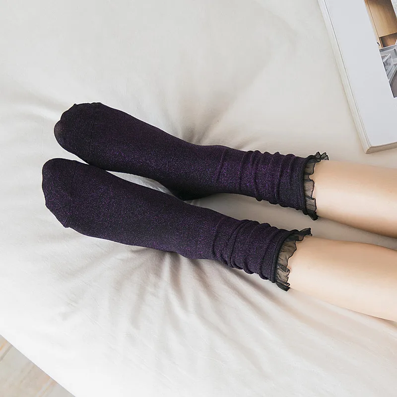 10Pairs Japanese autumn women's socks Ms lace solid color bright silk in tube socks preppy fashion silver onions socks woman