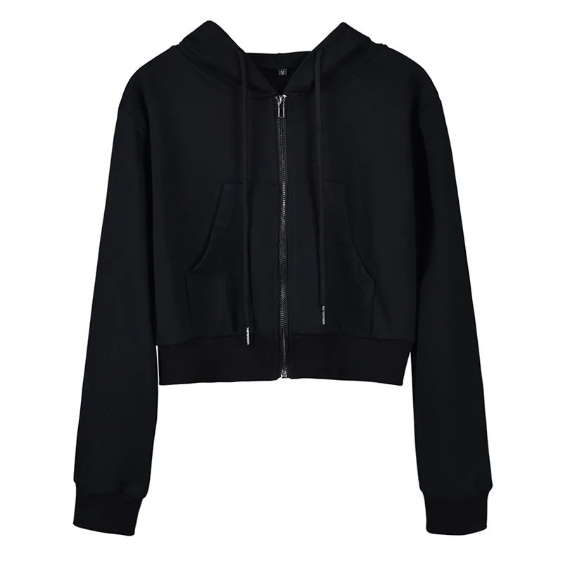 Autumn Fashion Hoodies Solid Color Women Long Sleeve Zipper Cropped