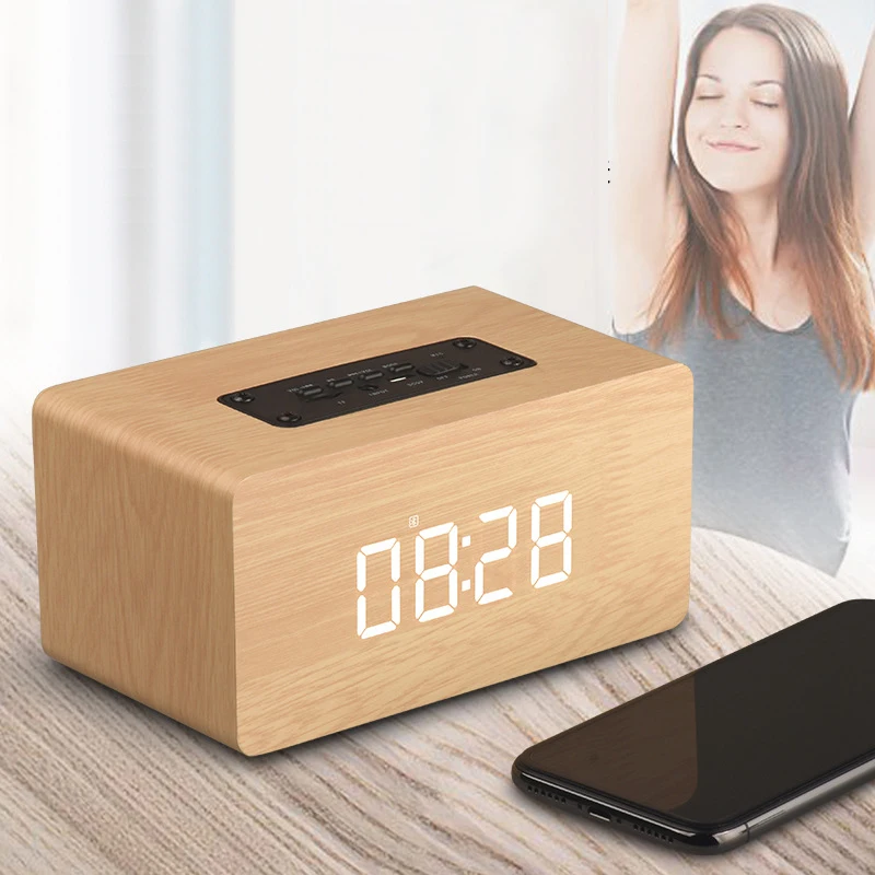 Деревянные беспроводные часы Подсветка настольные, декор дома Bluetooth динамик Fm радио будильник часы Поддержка Aux Tf музыкальный плейер с интерфейсом USB