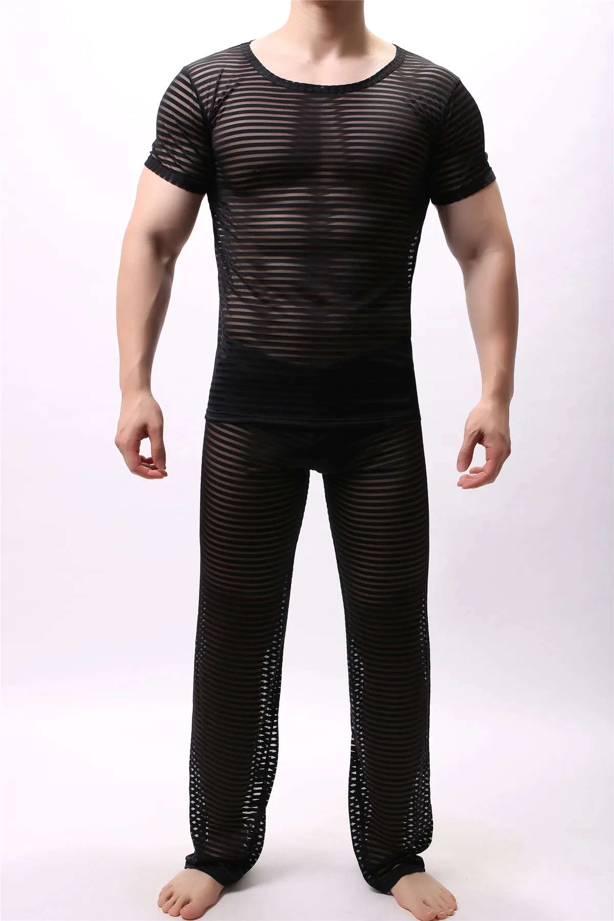Top And Pant 2 шт./компл. прозрачные свободные Повседневные длинные брюки сетки Для мужчин нижнее белье сексуальное Для мужчин нижнее белье топы зауженного кроя с пижамные костюмы - Цвет: Top And Pant