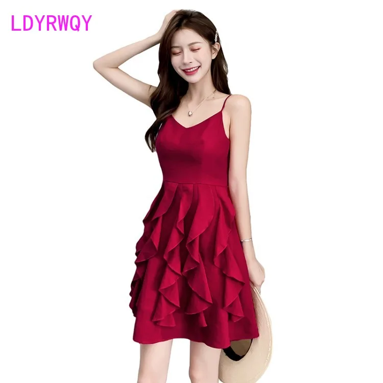 

2019 summer slim Korean fashion small fresh ruffled suspender skirt slim dress female Knee-Length Zippers