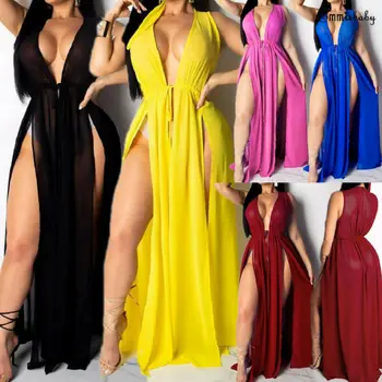 

Women Long Maxi Boho Beach Dress Summer Deep V Neck Holiday Party Dress Sundress Mesh See-Through Bikini Cover Up Beachwear