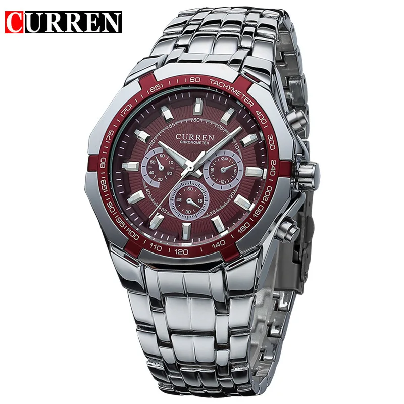 red silver CURREN Top Luxury Brand New Hot Watches Men Design Military Sports Wrist watches Men Digital Quartz Men Full Steel Watch - Цвет: red silver