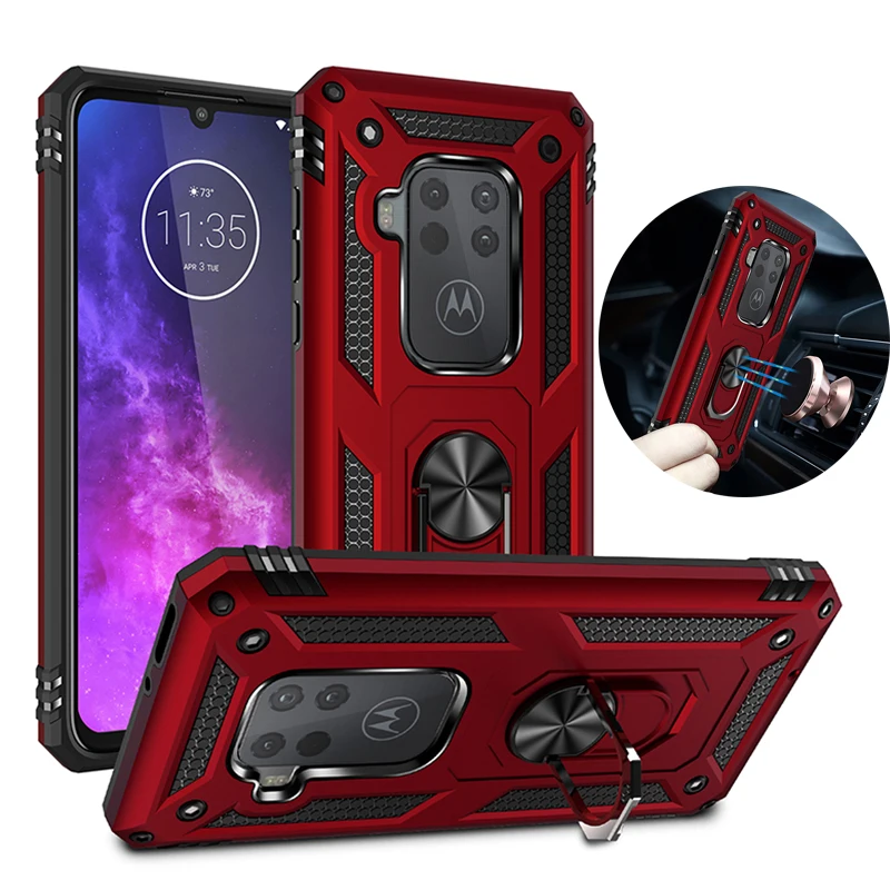 For Motorola One Macro Case Magnetic Metal Ring Hard PC Shockproof Kickstand Holder Cover Moto ZOOM one pro Fundas Capa | Мобильные
