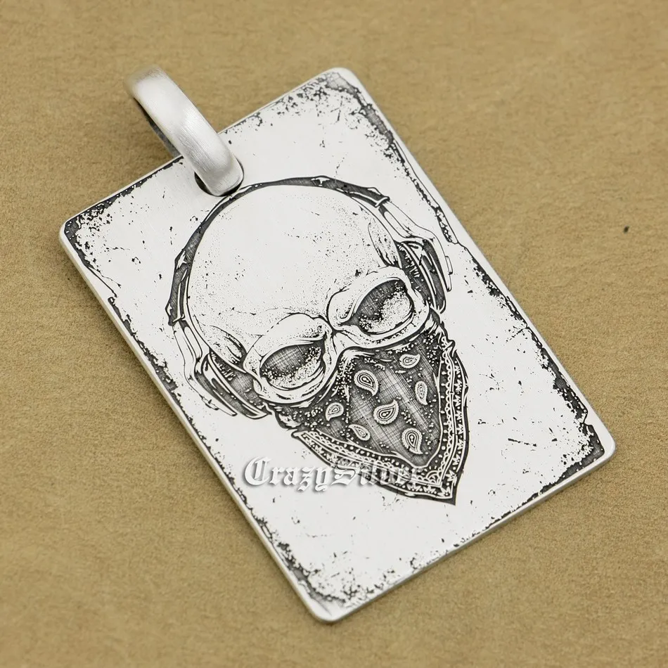 

High Detail Deep Engraved 925 Sterling Silver Skull Dog Tag Mens Biker Rocker Punk Pendant 9X001