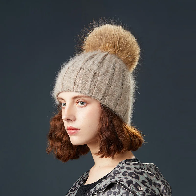 Хаки Зимние шапки для женщин Skullies, женские шапочки с помпоном, меховые шапки с кроличьим мехом, вязаные толстые теплые шапки с подкладкой, женская модная Лыжная шапка - Цвет: Хаки
