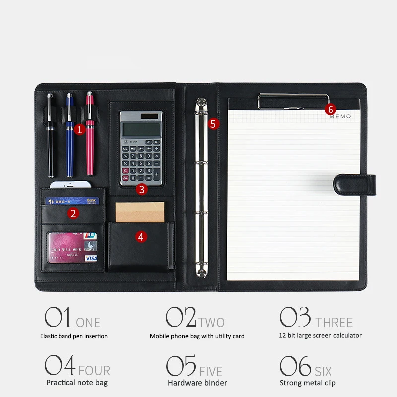 PU Leather A4 File Writing Pad Presentation Folder Portfolio with Calculator for Business IPad/Table Interview Resume Binder