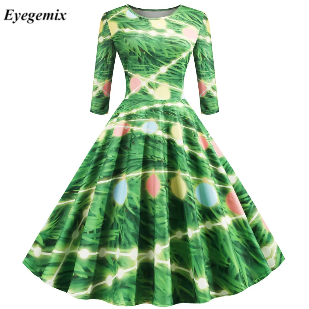 Женское рождественское платье праздничные Вечерние платья Vestido с коротким рукавом и принтом снеговика 50S 60S винтажное зимнее платье Pinup повседневное зеленое платье