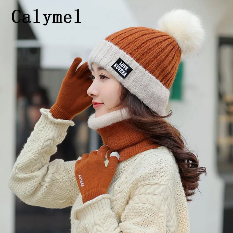 

Calymel 2019 New Winter Hat Ladies Scarf Hat Gloves Set Wool Knit Hat Set Plus Velvet Thick Outdoor Warm Set 3pcs/set