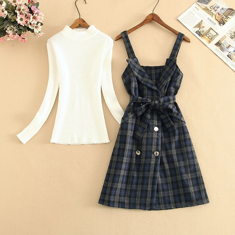 

2020 Winter Spring New 2 Piece Set Overalls Dress Women Long Sleeve Knitted Sweater Top +Double Breasted Plaid Tweed Vest Dress