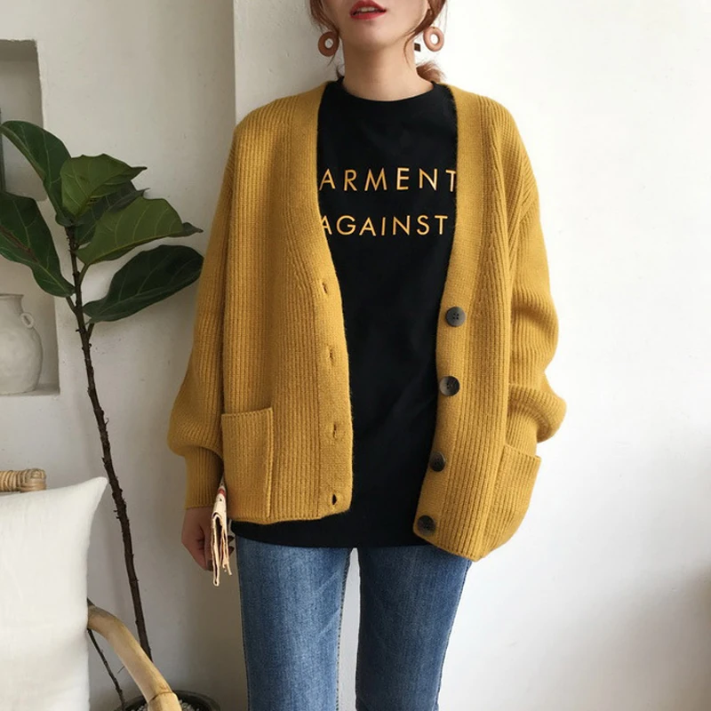 

Loose Soft Women Knitted Sweater Long Sleeve Cardigan With two pockets and buttons Casual sweater single breasted solid cardigan