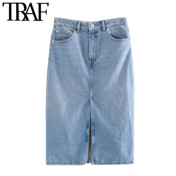 

TRAF Women Chic Fashion High Waist Denim Midi Skirt Vintage Zipper Fly Pockets Front Vents Female Skirts Faldas Mujer