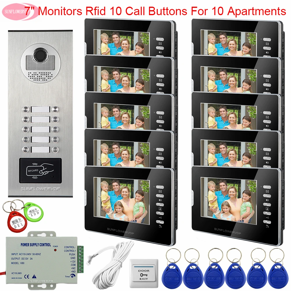 For 10 Apartments Intercom For a Private House Access Control 7inch Doorbell Monitor Video Intercom Kit Monitoring Camera System