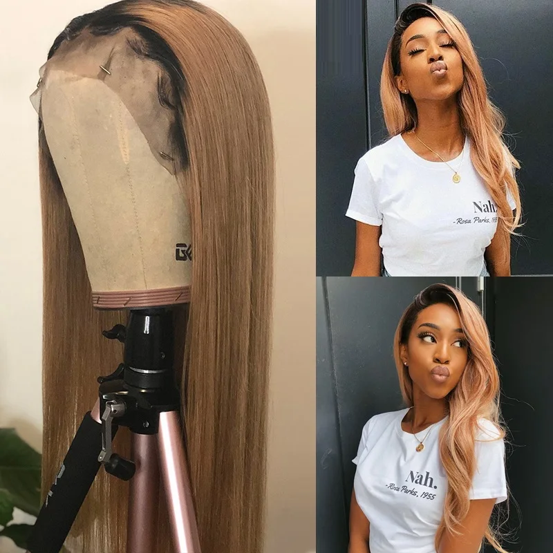 Омбре блонд глубокая часть кружева фронта человеческих волос парики 150%