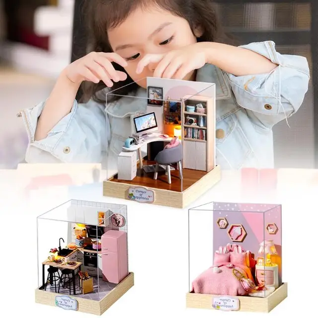 Cartoon DIY Miniature Dollhouse Wooden Furniture Kit Doll House Model Kids Girl Montessori Toys for Children Christmas Gifts 3