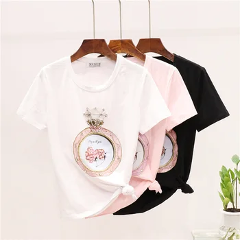 

Cotton T-shirt Women Fashion Beaded Diamond Perfume Bottle Printed Short-Sleeved T-shirt Lady's Loose Tee Tshirt Students Casual