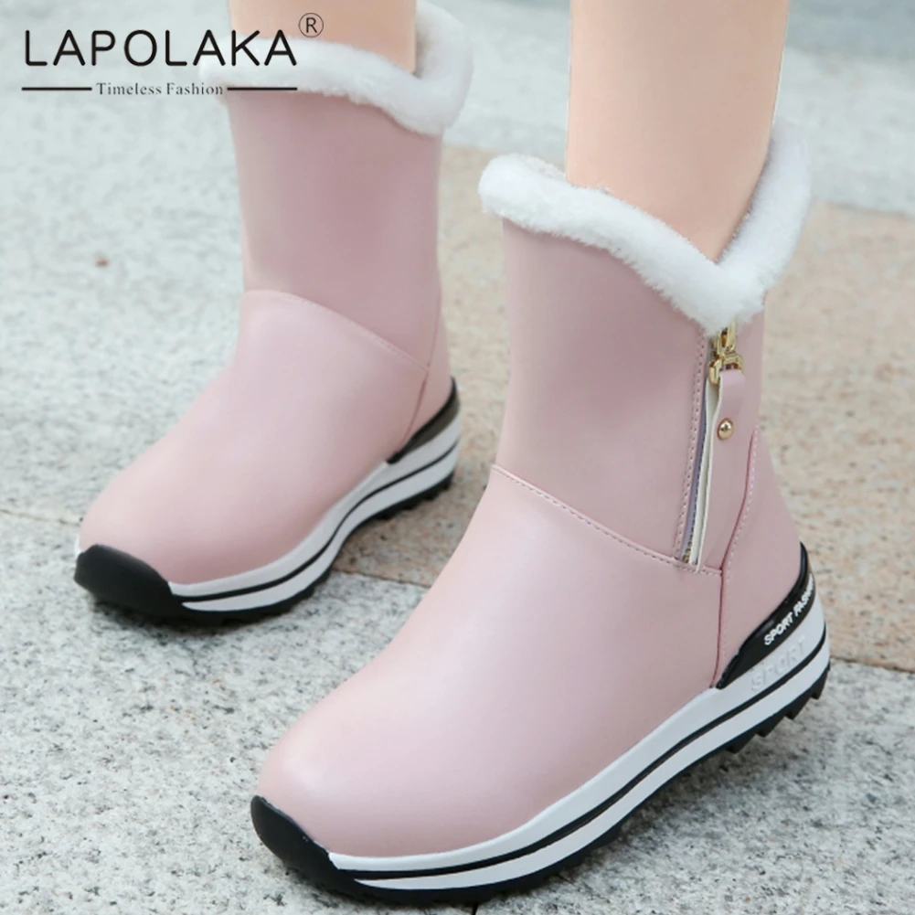 

Lapolaka Winter Snow Boots Women Add Fur Warm Shoes Woman Round Toe Zip Flat Platform Women Winter Boots Pink Blue White 31-40