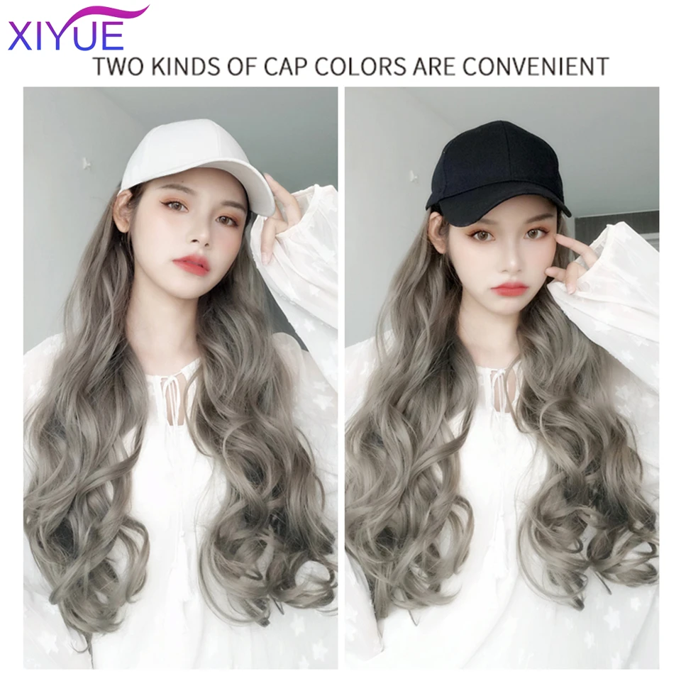 Girls Long Straight Synthetic Baseball Cap Wigs Hair  Brown Wavy Wig Extensions Naturally Connect Pieces Hat Wig Adjustable Size