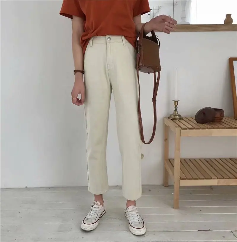 Джинсы женские, большие размеры, 5XL, прямые, однотонные, повседневные, в Корейском стиле, по щиколотку, простые, универсальные, с высокой талией, свободные, повседневные, винтажные, шикарные