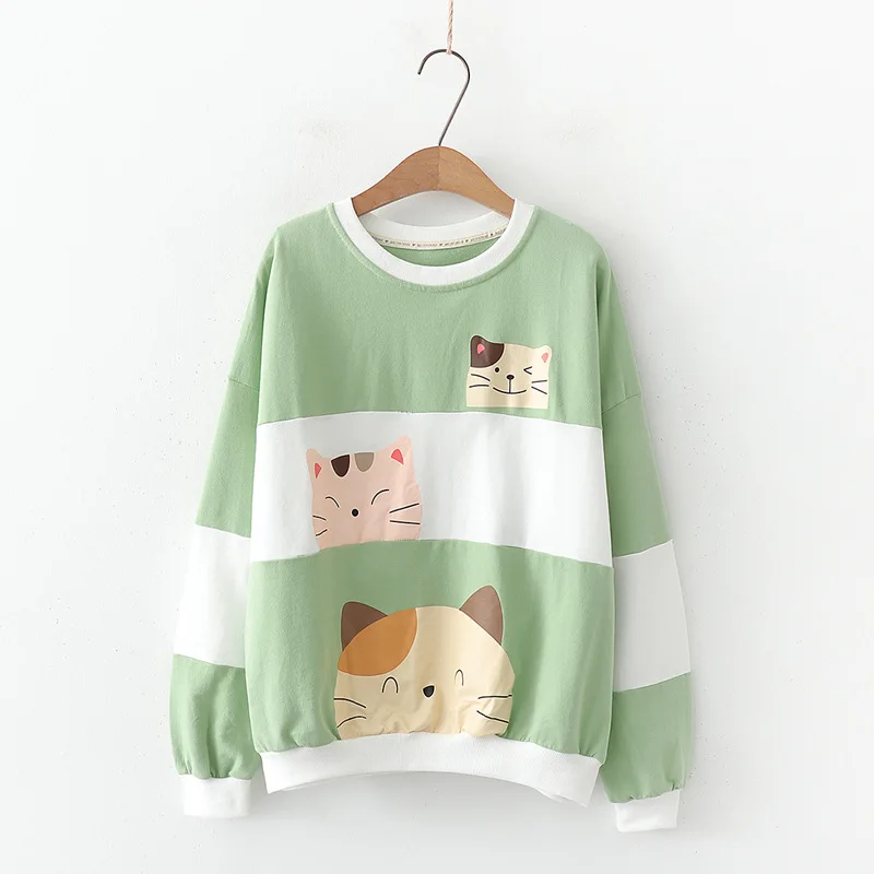 Зеленый Merry Pretty Хлопковые женские толстовки Harajuku с рисунком кота из мультфильма зимние пуловеры с длинным рукавом и круглым вырезом из кусков - Цвет: Зеленый