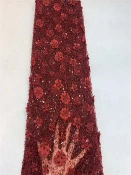 

Hot selling wine red French Sequin lace fabric/ latest high-quality 5yards Sequin embroidery lace fabric FZ325