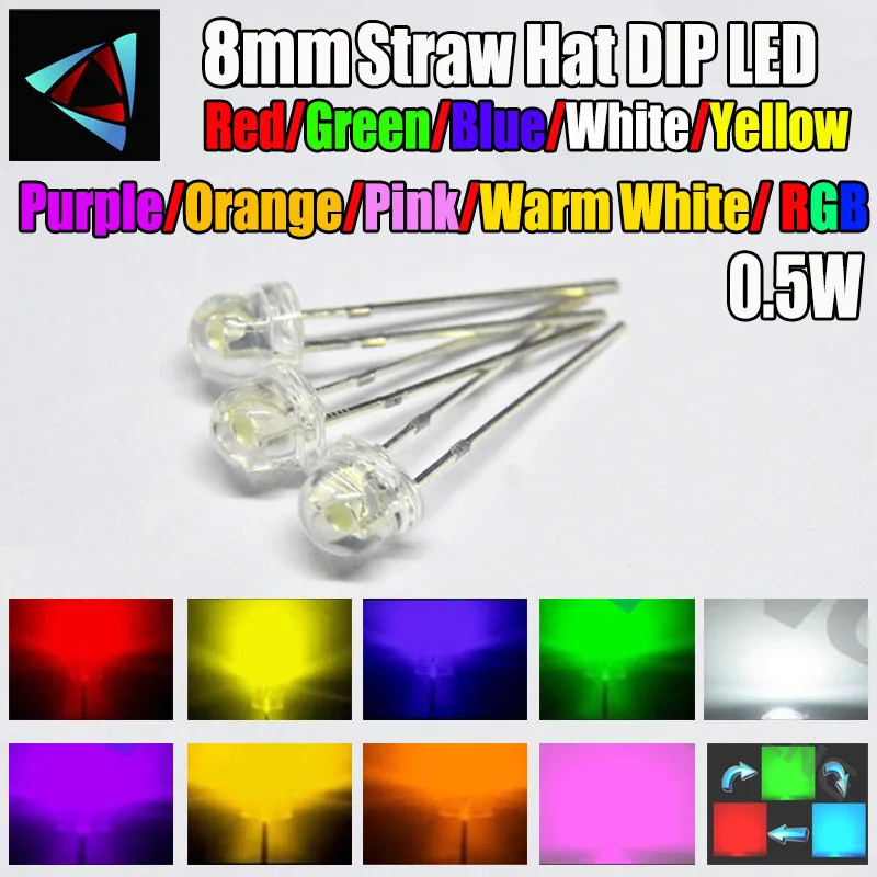 

20PCS 8mm 0.5W Straw Hat Clear Warm White Green Red Blue Purple Yellow Orange Pink RGB DIY Light Emitting Diode Set