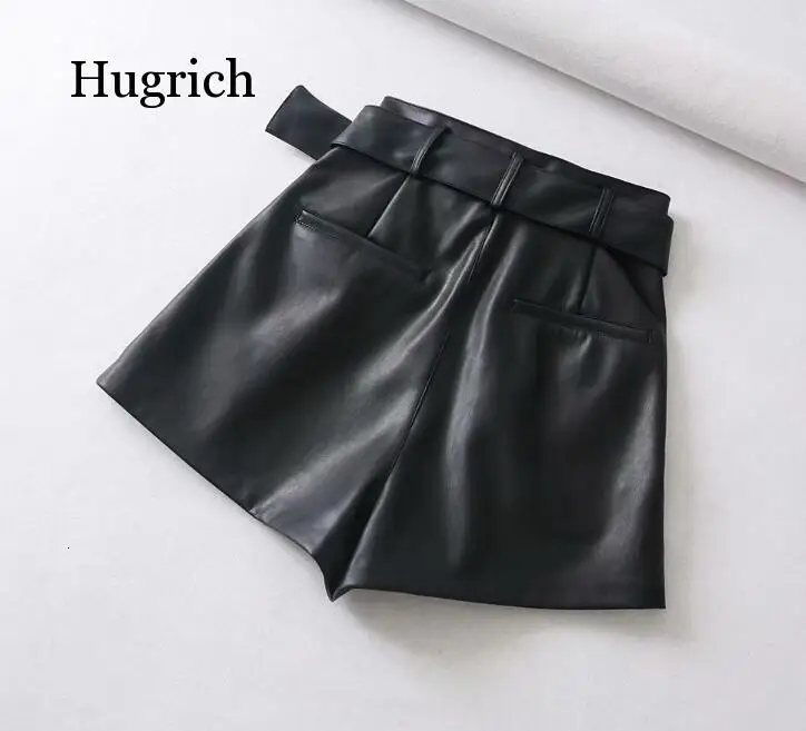 Women Black Orange Color Pu Leather High Waist with Belt Wide Leg Faux Leather Shorts Winter Loose Pu Shorts