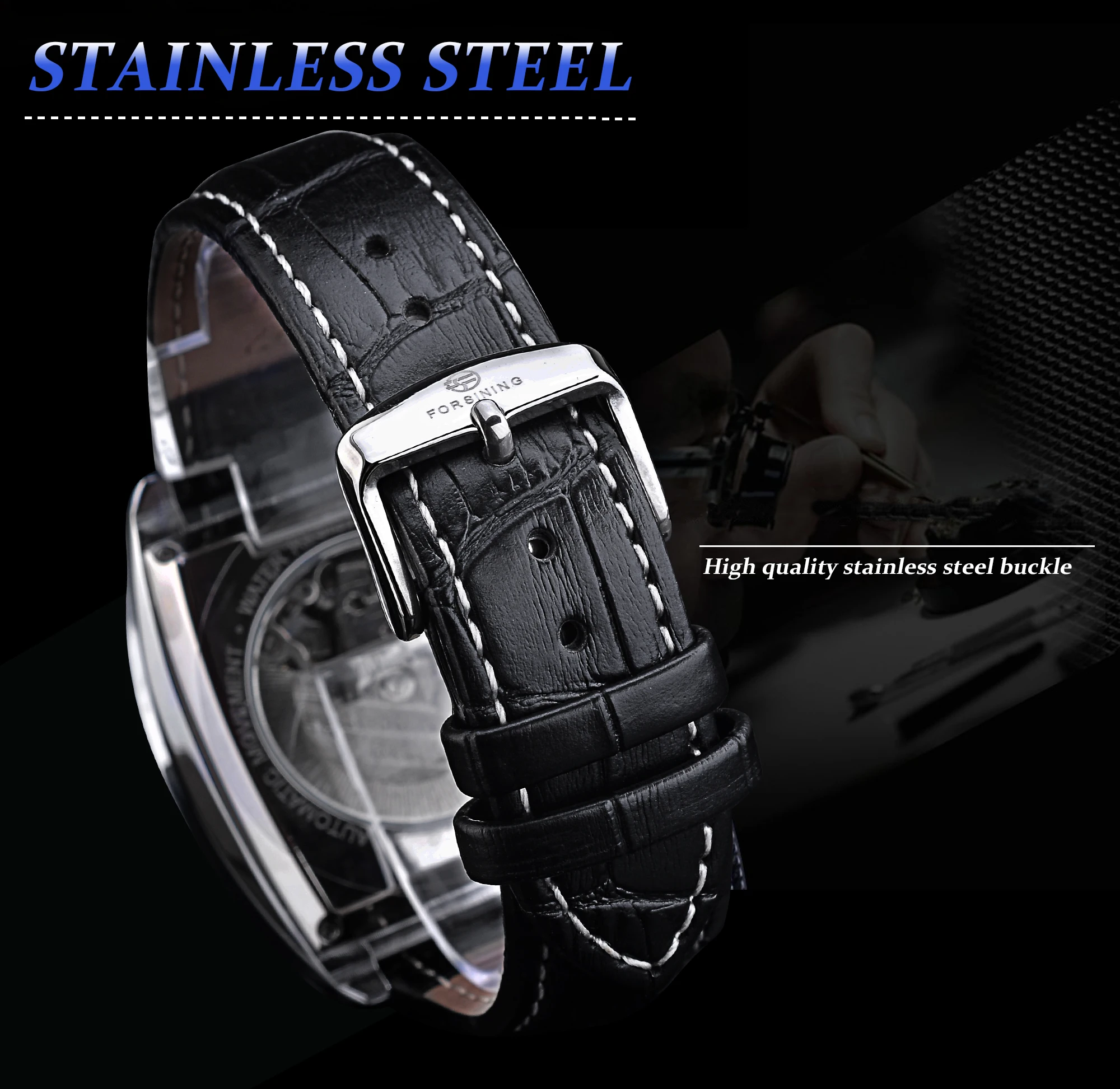 Forsining Black Dial Waterproof Automatic Mechanical Watch Skeleton Rectangle Military Watches With Bule Pointer Genuine Leather