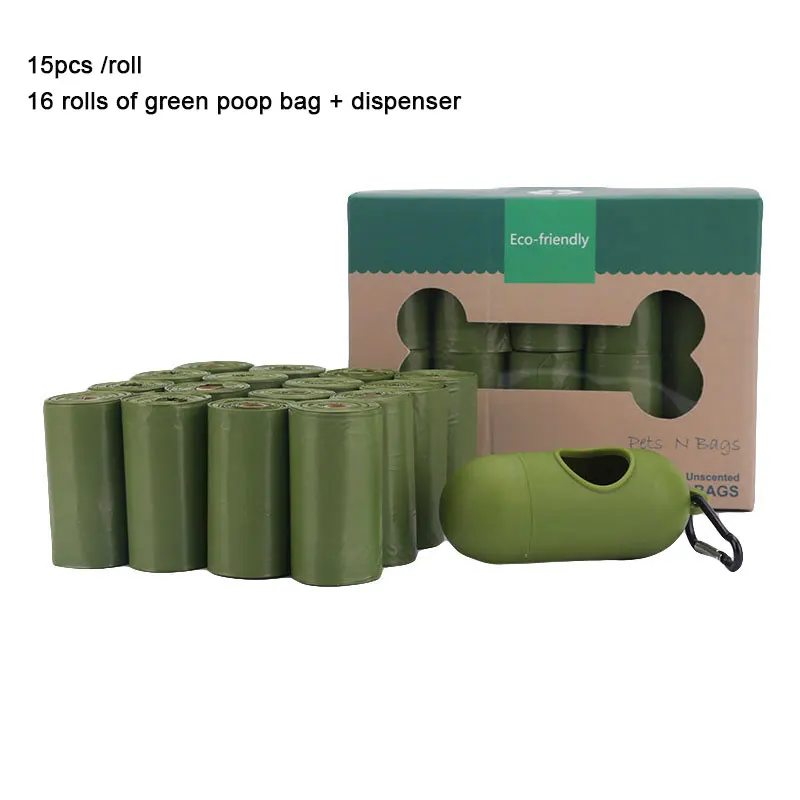 16 rolls of green Мешок для собачьих какашек, биоразлагаемый, прочный, для домашних животных, мешки для мусора, для мусора, для щенков, дозатор, легко оторвать, 120 шт/240 шт/300 шт - Цвет: 16 rolls of green