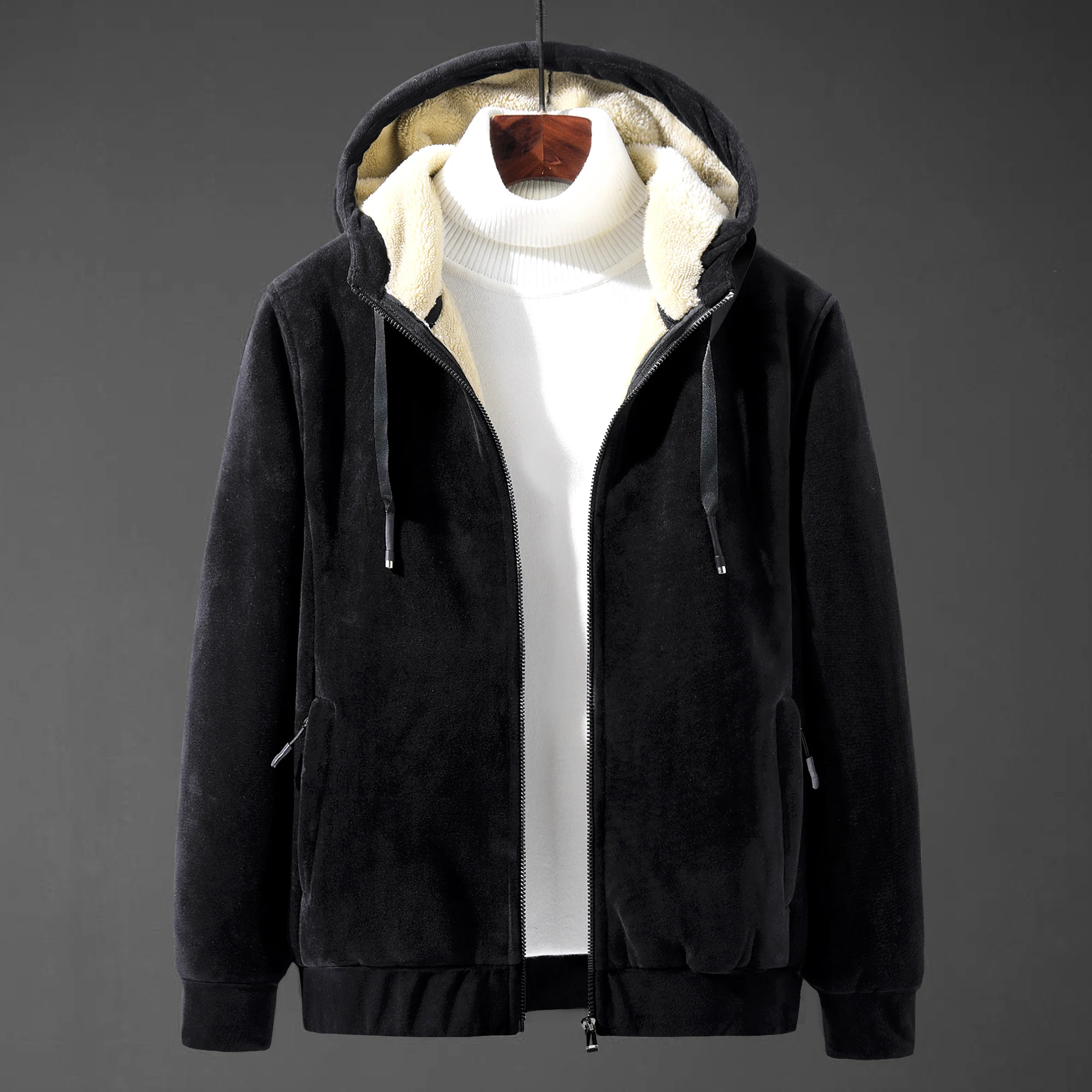 Greatest  2019 Winter New Soft Velvet Men's Hooded Fleece Warm Jackets Thicken Casual Thermal Coat Big Size 4