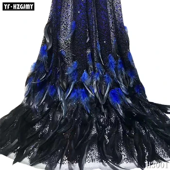 

YF HZGJMY Royalblue Luxury African Lace Fabric High Quality for Bridal French Lace Fabric with Feathers Nigerian Wedding Dress